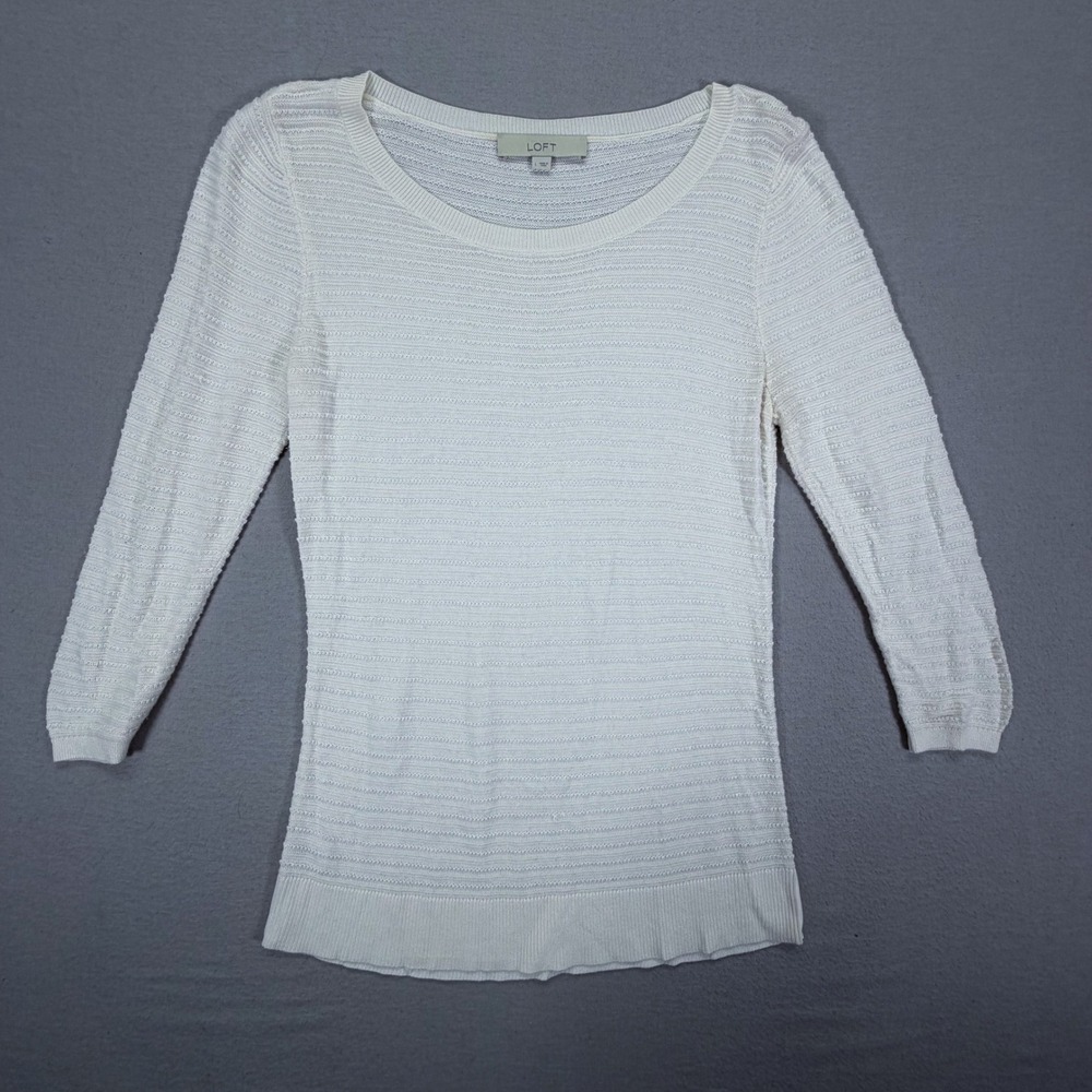 LOFT Sweater Womens Large White Excellent 3/4 Sleeve Textured Scoop Neck Knit